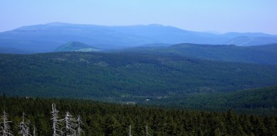 Krkonoše v pozadí, vlevo Vysoké kolo a vpravo Kotel, vrcholy okolo 1500 metrů. Vlevo poblíž homole Bukovce. Úplně vpravo sjezdovky na Čertově hoře nad Harrachovem.